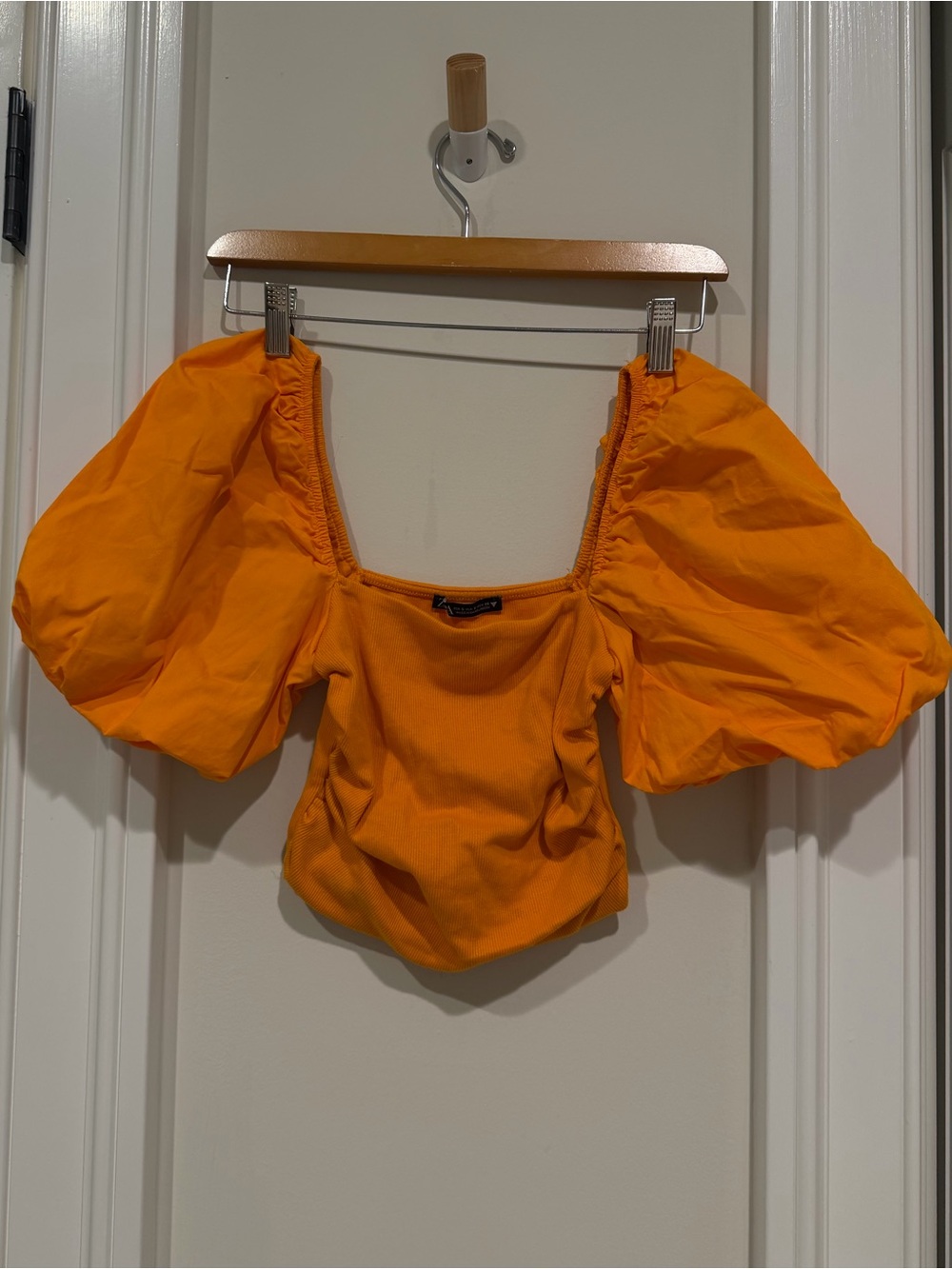 Zara Orange Puff-Sleeve Square Neck Crop Top